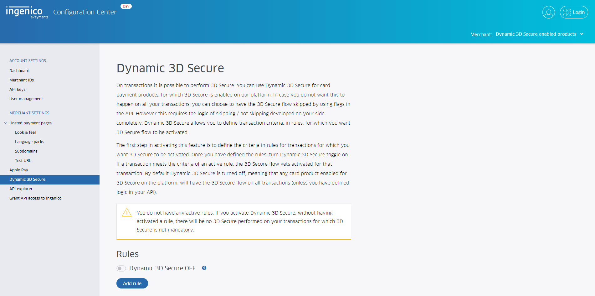 dynamic 3d secure - step 2 - open menu item